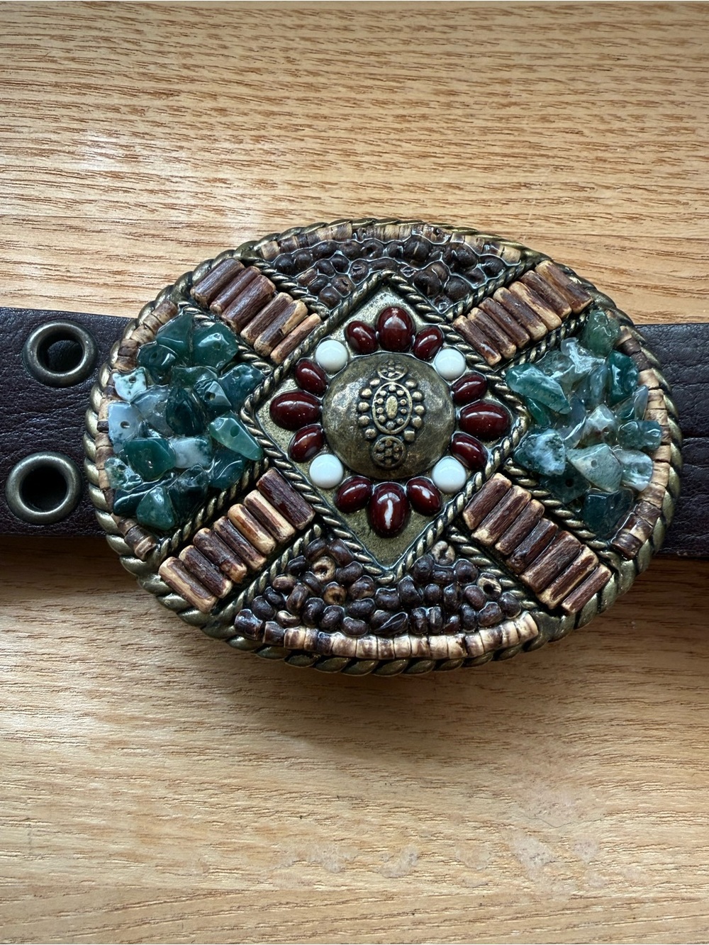 Cabi Rodeo Boho Statement Belt with Green and Brown Mosaic Buckle size Large